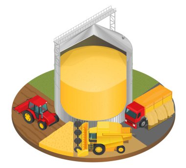 Tahıl hasadının vektör çizim aşamaları, tahıllı silo, tahıl ambarı. Kırmızı traktör, kombinasyon, kamyon. Isometry