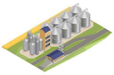 Tahıllı, asansörlü, tahıl ambarlı, fabrikalı bir silonun vektör çizimi. Isometry