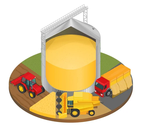 Vektorillustration Stadien Der Getreideernte Silo Mit Getreide Kornspeicher Roter Traktor — Stockvektor
