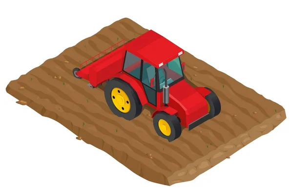 Ilustración Del Tractor Isométrico Vectorial Tierra Cultivable Agricultura — Vector de stock