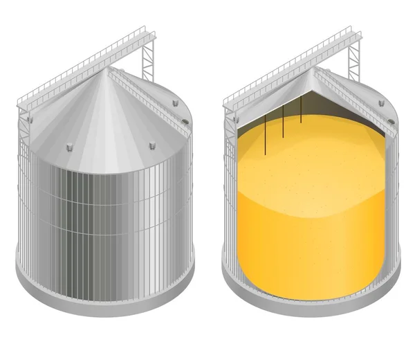 矢量图 一个截面上有谷物的筒仓 电梯装置的图表 一个粮仓 等距测量 — 图库矢量图片