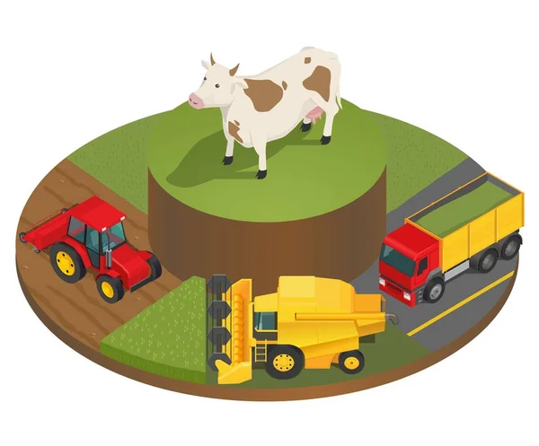 Vektorillustration Der Phasen Der Ernte Von Tierfutter Roter Traktor Mähdrescher — Stockvektor