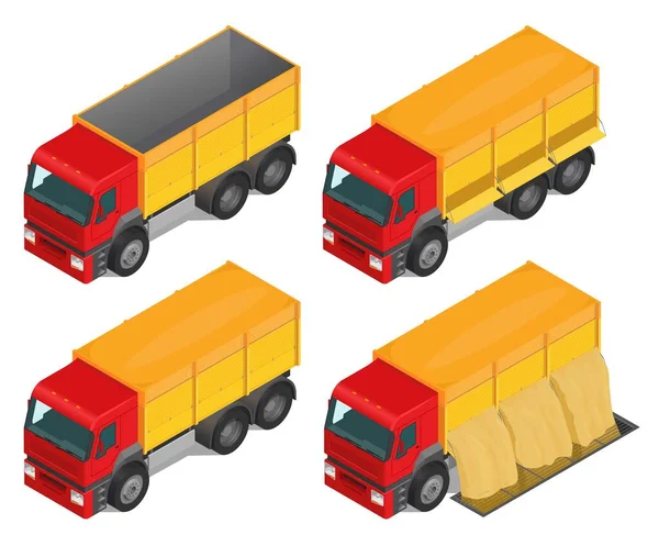 Illustrazione Vettoriale Camion Rosso Che Trasporta Grano Set Isometrico — Vettoriale Stock