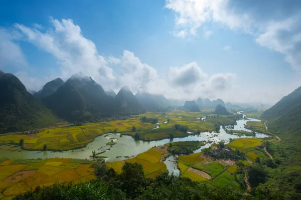 Beaux paysages à l'aube de la saison du riz dans la commune de Ngoc Con, district de Trung Khanh, province de Cao Bang, Vietnam . — Photo