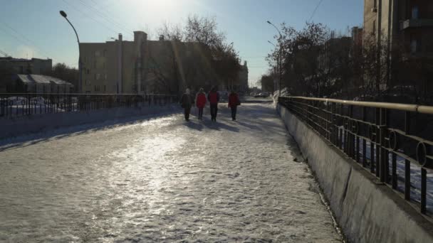 Een familie van vier wandeling langs de brug naar de straat — Stockvideo