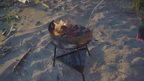 O fogo queima na grelha na praia — Vídeo de Stock