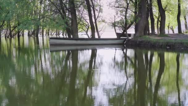 O barco no lago é refletido na água — Vídeo de Stock