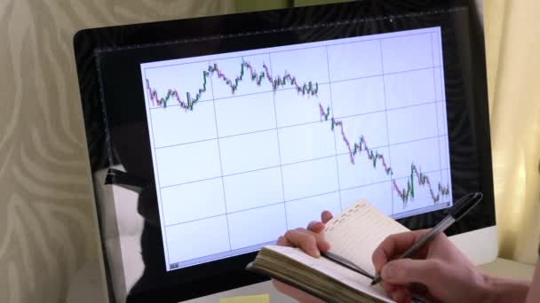 Shows a graph on the computer monitor — Stock Video