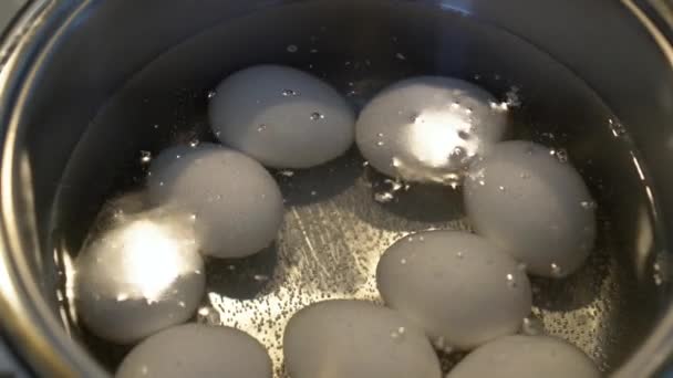 Яйца Готовятся Кастрюле Вблизи Вид Сверху — стоковое видео