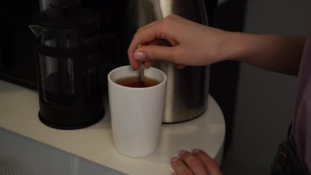 雌性手把糖放进茶里 用勺子搅拌 — 图库视频影像