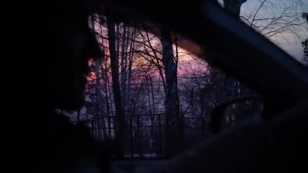 Zonsondergang Uitzicht Vanuit Een Auto Silhouet Van Een Bestuurder Bomen — Stockvideo