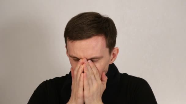 Young Man Cold Scarf Sneezes His Hands Man Feels Sick — Stock Video