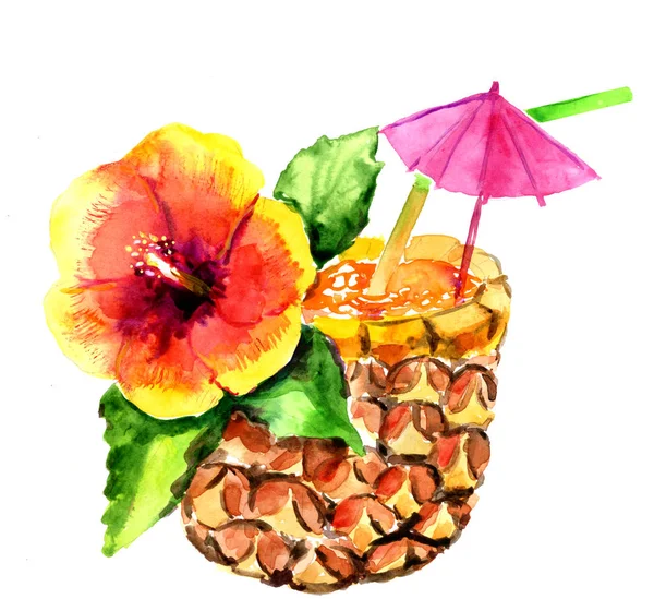Koktajl z ananasem i tropikalnym kwiatem. Do projektowania pocztówek lub plakatów. — Zdjęcie stockowe