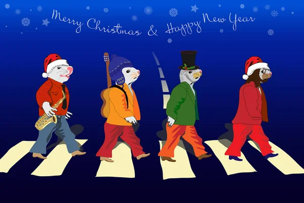 Des souris de Noël traversent la route. Dessin vectoriel d'un groupe musical. Pour cartes de design et invitations . — Image vectorielle