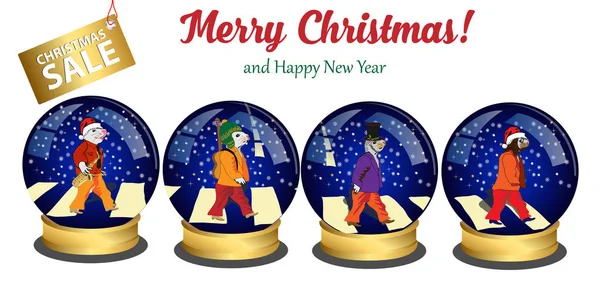 Des souris de Noël traversent la route dans une boule à neige. Dessin vectoriel pour la conception . — Image vectorielle