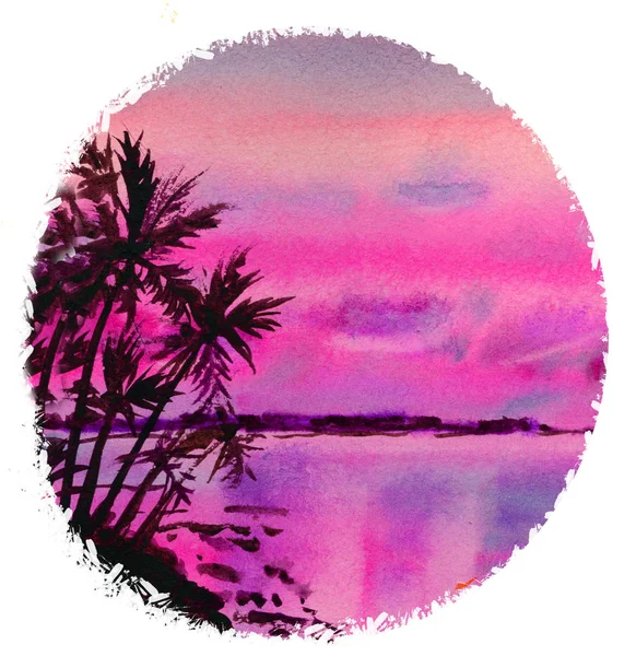 Dessin aquarelle de palmiers au coucher du soleil . — Photo