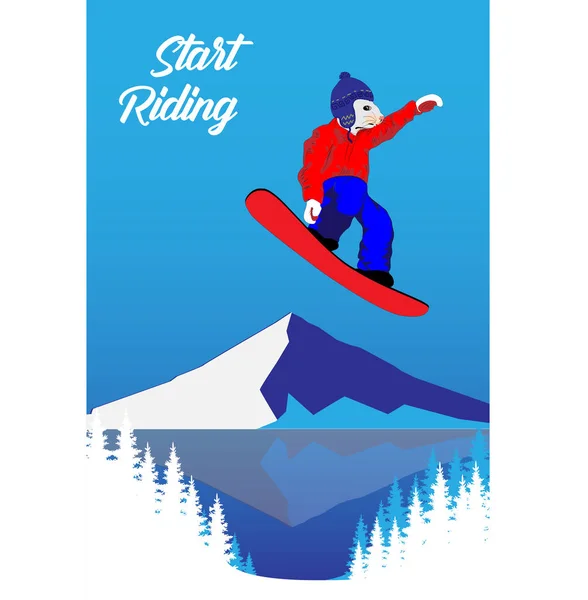 Karácsonyi egér egy snowboardon. Ugorj egy hatalmas hópelyhet. Kártya- vagy plakáttervezéshez. — Stock Vector