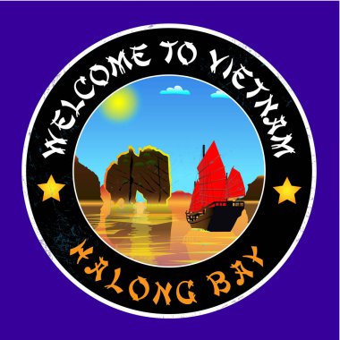 Halong Körfezi. Çin sınırına yakın kuzey Vietnam'da güzel bir doğa harikası. Vektör resimleri. Kartpostallar için tasarım
