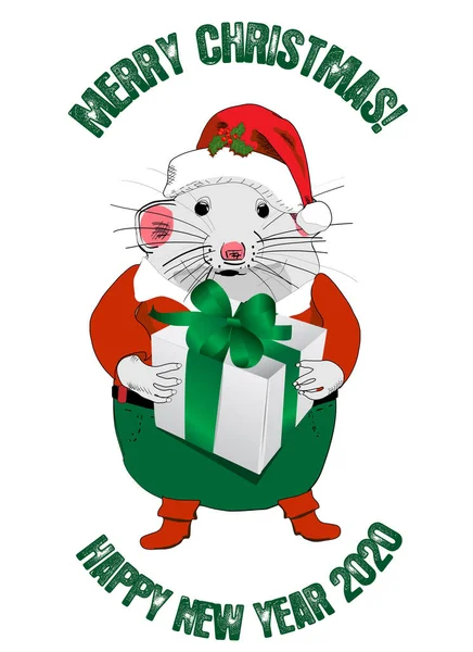 Rato de Natal na roupa do Pai Natal com presentes. Ano Novo e cartão de Natal . — Vetor de Stock
