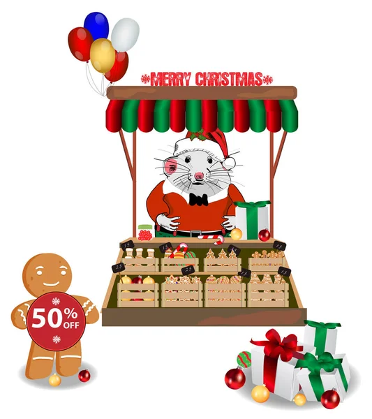 Souris de Noël dans les vêtements du Père Noël dans le magasin. Beau comptoir avec des cadeaux et divers gâteaux de Noël — Image vectorielle