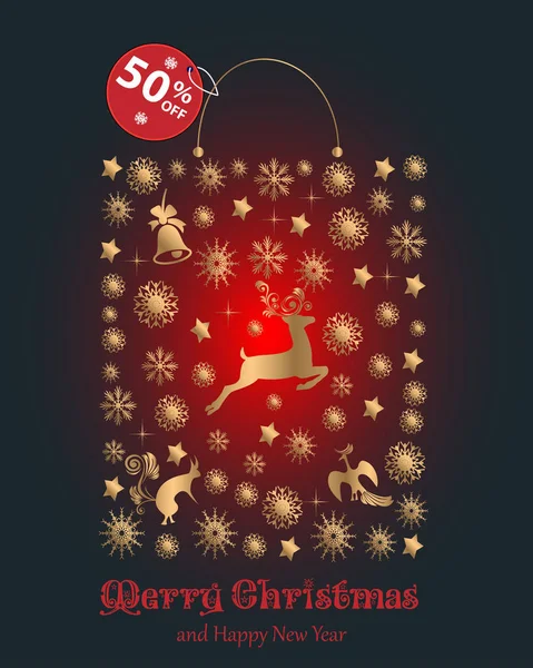 Weihnachtsillustration mit Schneeflocken und Tieren. Weihnachtsverkauf. für die Gestaltung von Postkarten und Plakaten. — Stockvektor