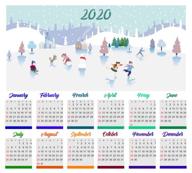 Çocuklarla vektör takvimi 2020. Neşeli çocuklar kışın oynar.