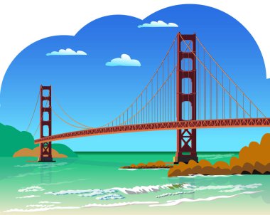 Golden Gate Köprüsü, San Francisco California Birleşik Devletleri vektör illüstrasyonunu izole etti. Tasarım kartları için