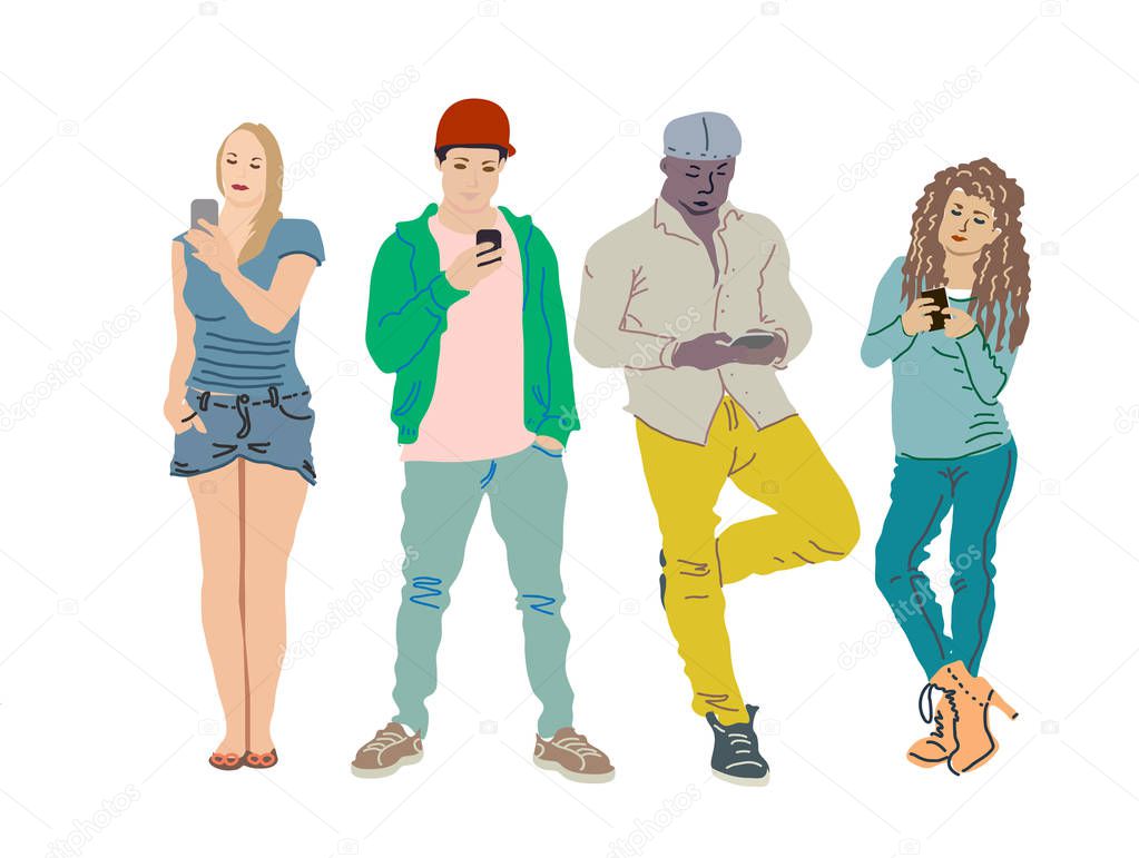 Vector sketch of a group of young people, guys and girls look at their phones. For design postcards and illustrations.