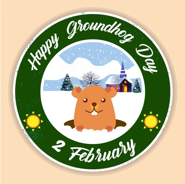 Happy Groundhog Day design s roztomilým svištěm. 2. února. Vektorová ilustrace. — Stockový vektor