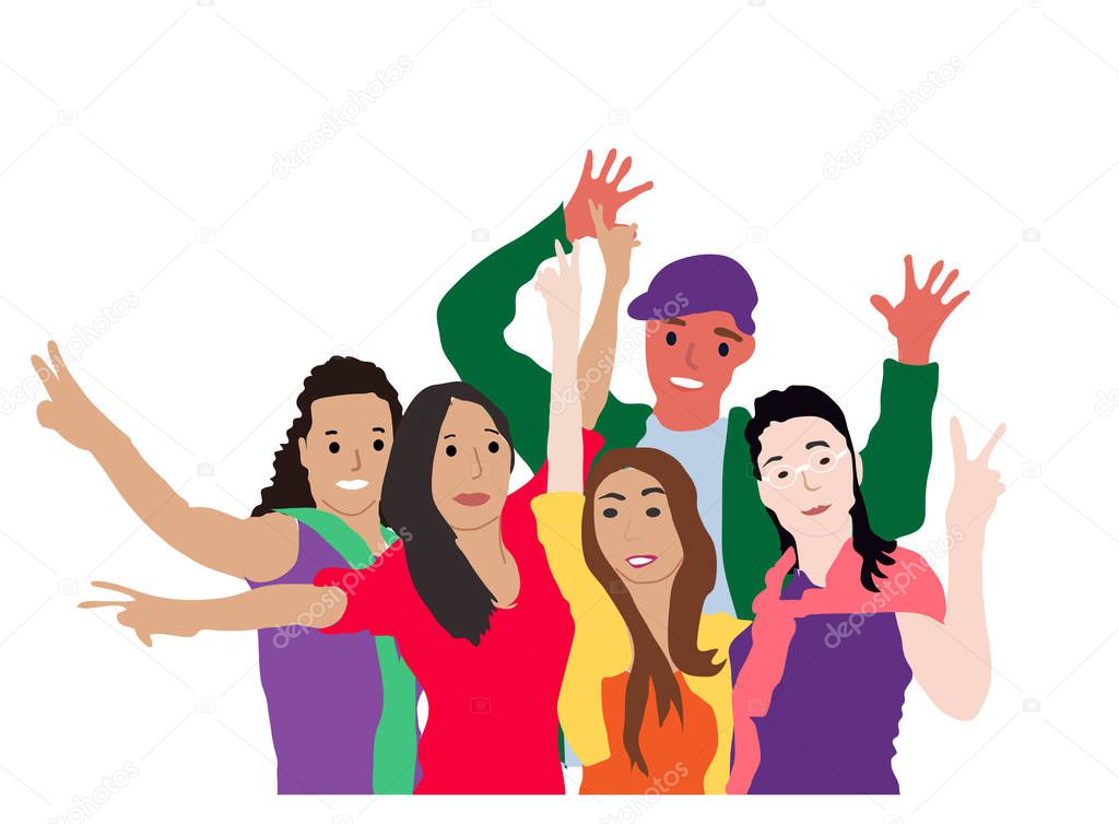 Group portrait of smiling boys and girls or school friends standing together, waving arms. Happy students isolated on white background. Vector flat cartoon illustration.