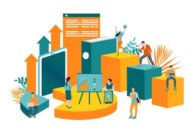 Bir işletmenin tasviri, ofis çalışanları bir sütun grafiği üzerinde bilgi grafiği inceler, evrimsel ölçeği analiz eder, iş görüşmeleri yapar, vektörü yükseltir. Tasarım kartları ve kavramlar için
