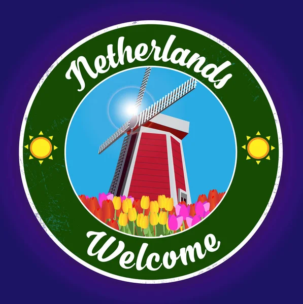 Vektorová nálepka s holandskými tulipány a mlýnem. Pro designové karty a pozvánky. — Stockový vektor