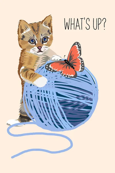 Disegno vettoriale di un gattino carino che incontra una farfalla . — Vettoriale Stock