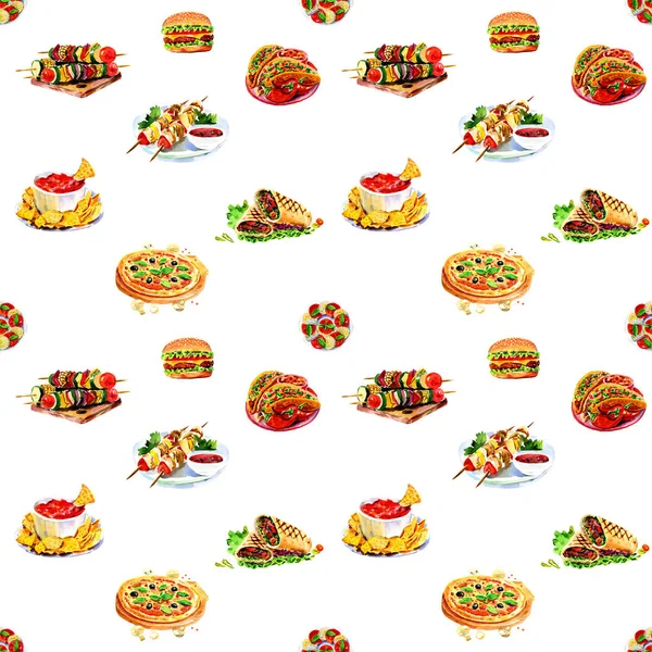 Watercolor seamless pattern fast food. For menus and posters
