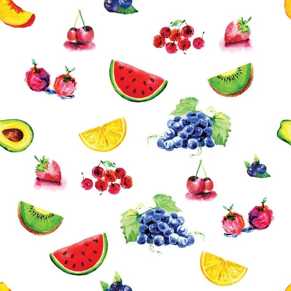 Akvarell zökkenőmentes minta különböző bogyók és gyümölcsök. Plakátok és szövetek tervezéséhez. — Stock Fotó