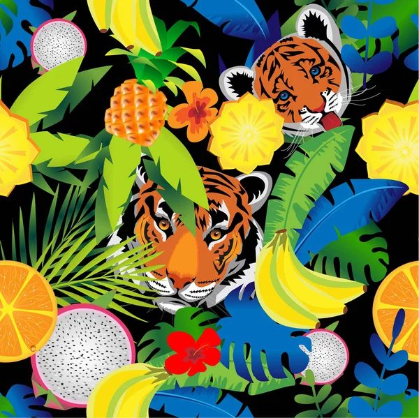 Vektorové pozadí, tygr v džungli na pozadí a tropické tropy — Stockový vektor
