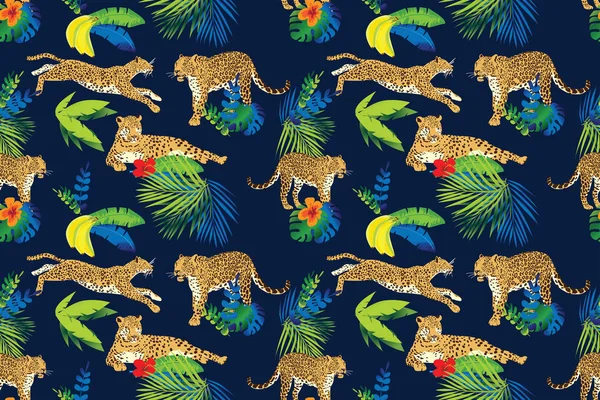 Vektor zökkenőmentes háttér gyönyörű leopárdok. Trópusi lombozat és gyümölcs. — Stock Vector