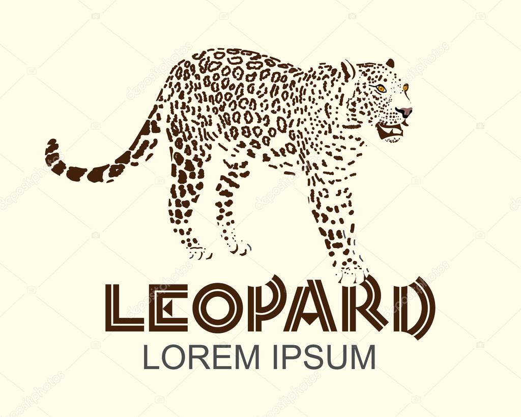 Logo with a leopard. Editable vector format. Monochrome version. Beige background.