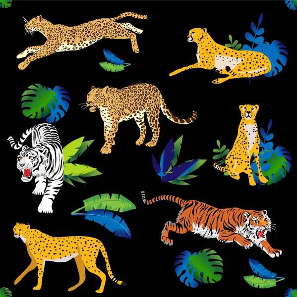 捕食野生の猫 ヒョウ チーターとベクトルシームレスパターン ポストカードや布などのデザインのため — ストックベクタ