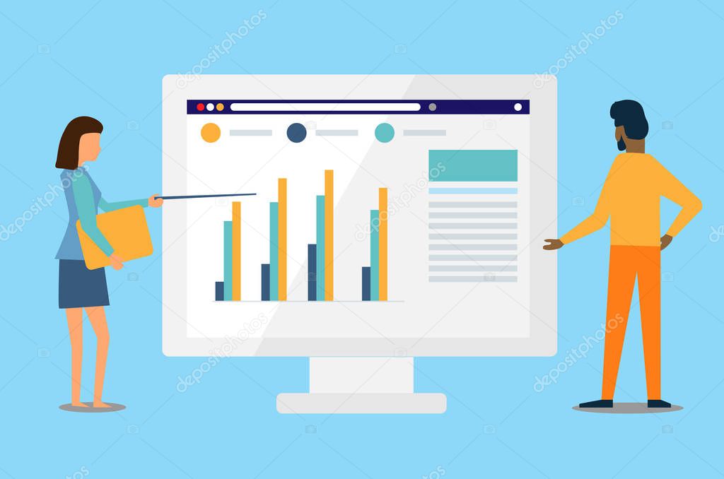 Vector illustration of business people involved in the analysis and monitoring of investments and finances. The graph on the monitor. For web design