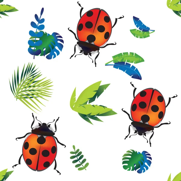 Vector Seamless Background Ladybugs Colorful Leaves Design Cards Fabrics — Stock Vector