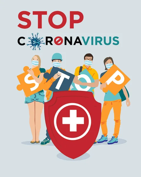 Giovani Con Maschere Protettive Contro Virus Interrompi Coronavirus — Vettoriale Stock