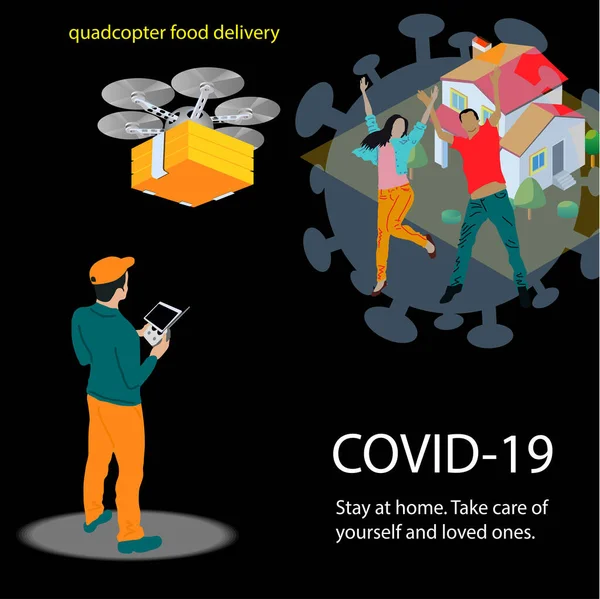 Entrega Comida Quadcopter Durante Una Epidemia Cuarentena Casa Covid — Vector de stock