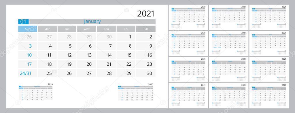 Calendar 2021. Week start Sunday corporate design planner template.