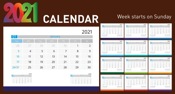 Calendário 2021 Semana Início Domingo Modelo Planejador Design Corporativo — Vetor de Stock
