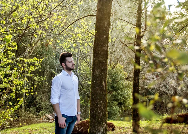 Yana doğru ormanda ayakta çocuk.