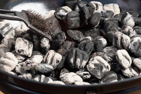 Gros Plan Sur Les Briquettes Charbon Bois Les Aliments Fond — Photo