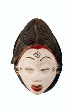 Punu kadın maskesi Kamerun/Afrika, oyulmuş ağaçtan Anti-büyücülük güçleri belirten beyaz pigment ile ayrıntısı; küçük bölmeleri, sıyrık ve çatlaklar kendi yaş/kullanımı için kanıtlamak.