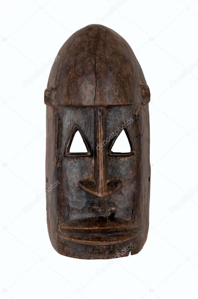 Dogon mask from Mali, carved in wood; small splits, scrapes and cracks attest to its age/use.