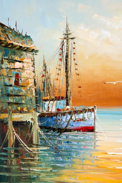 Färgglada Fragment av Fisherman Båtar och Shacks i hamnolja Pa — Stockfoto